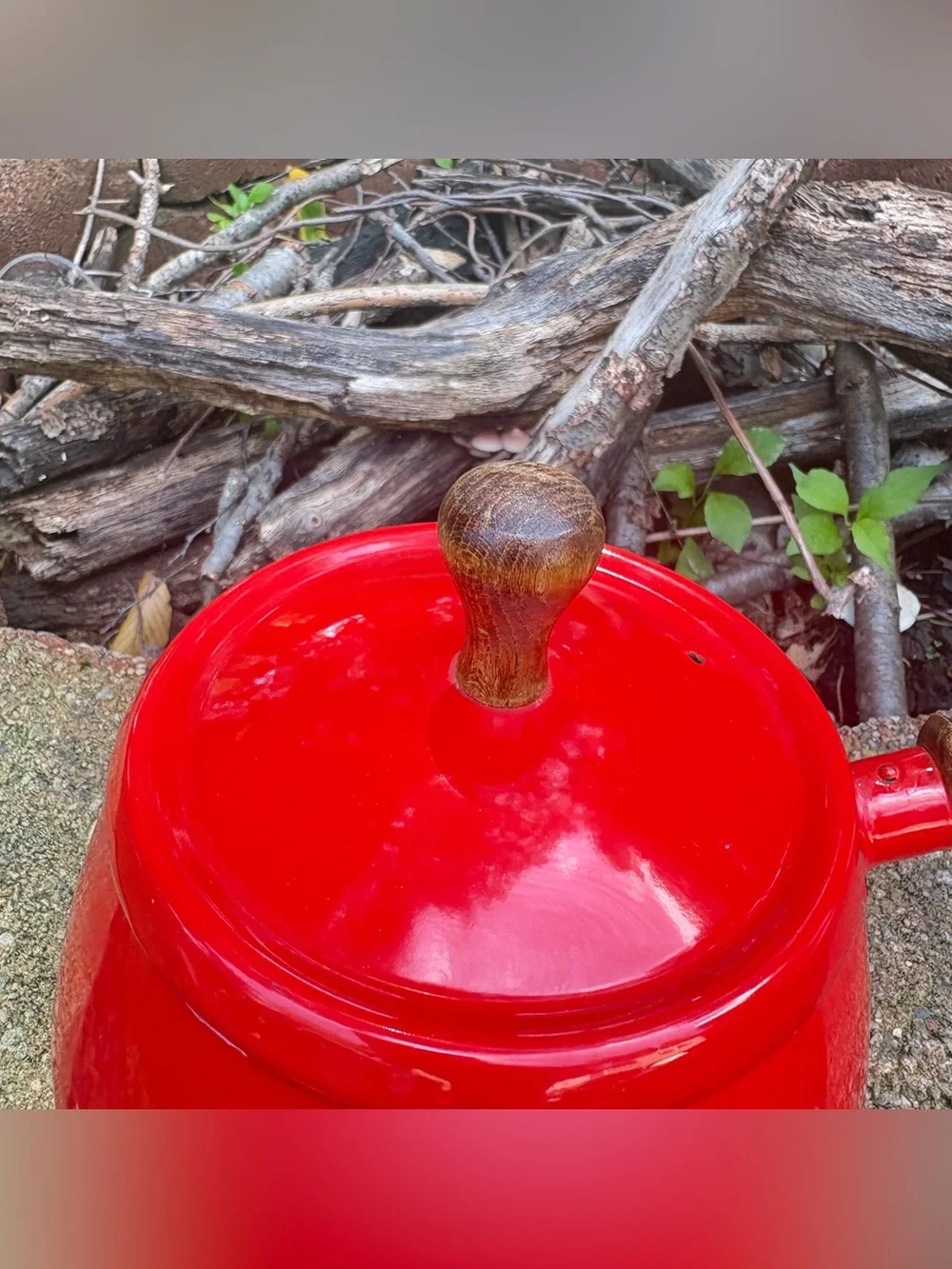 Vintage Japan Red Enamel Fondue Pot Serv Wood Hardwood Base MCM